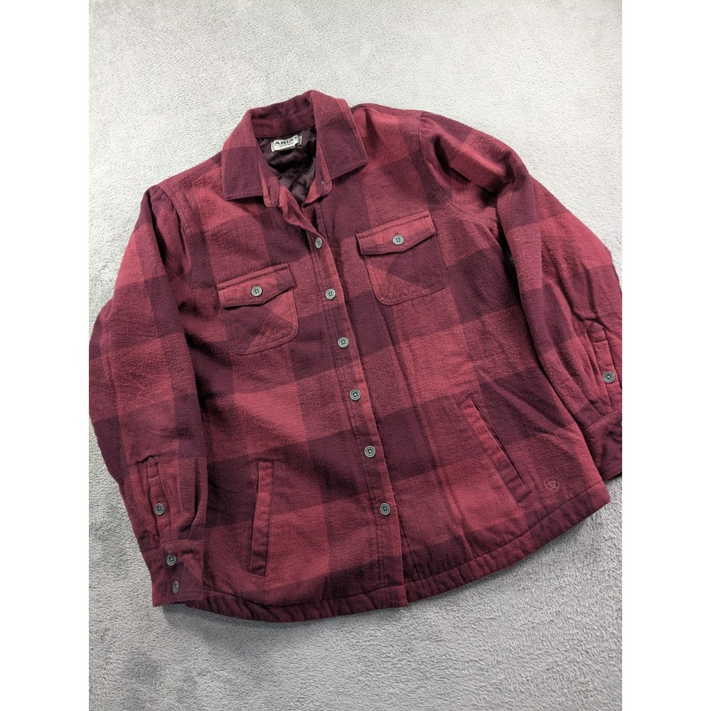 Ariat ReAL Womens L Quilted Flannel Shirt Jacket Burgundy Buffalo Plaid Lined